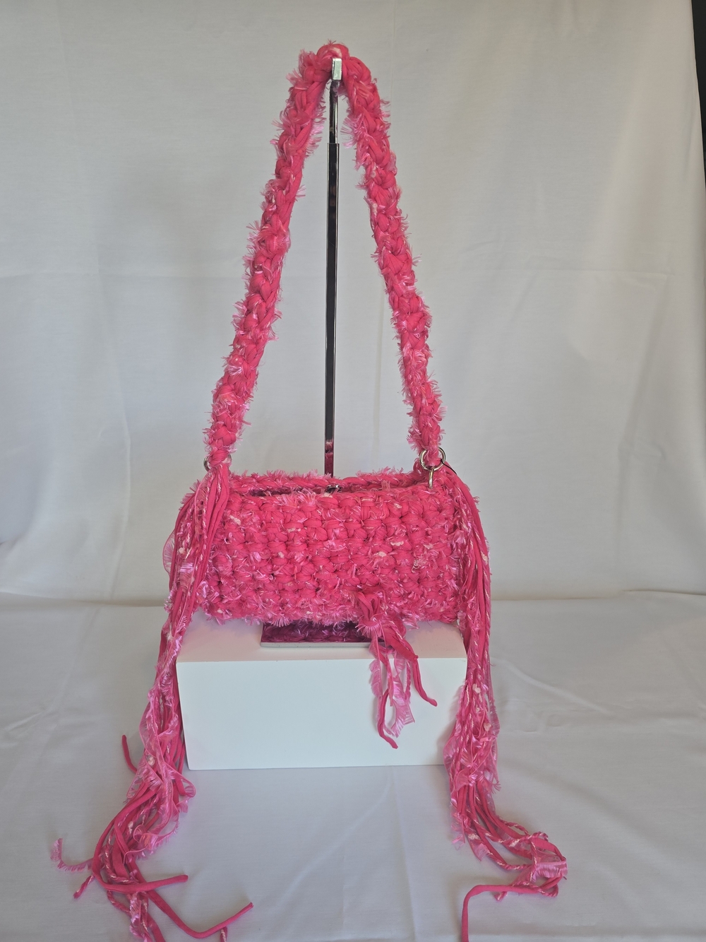 Hand Crafted Hot Pink Woven Shoulder Bag with Tassels